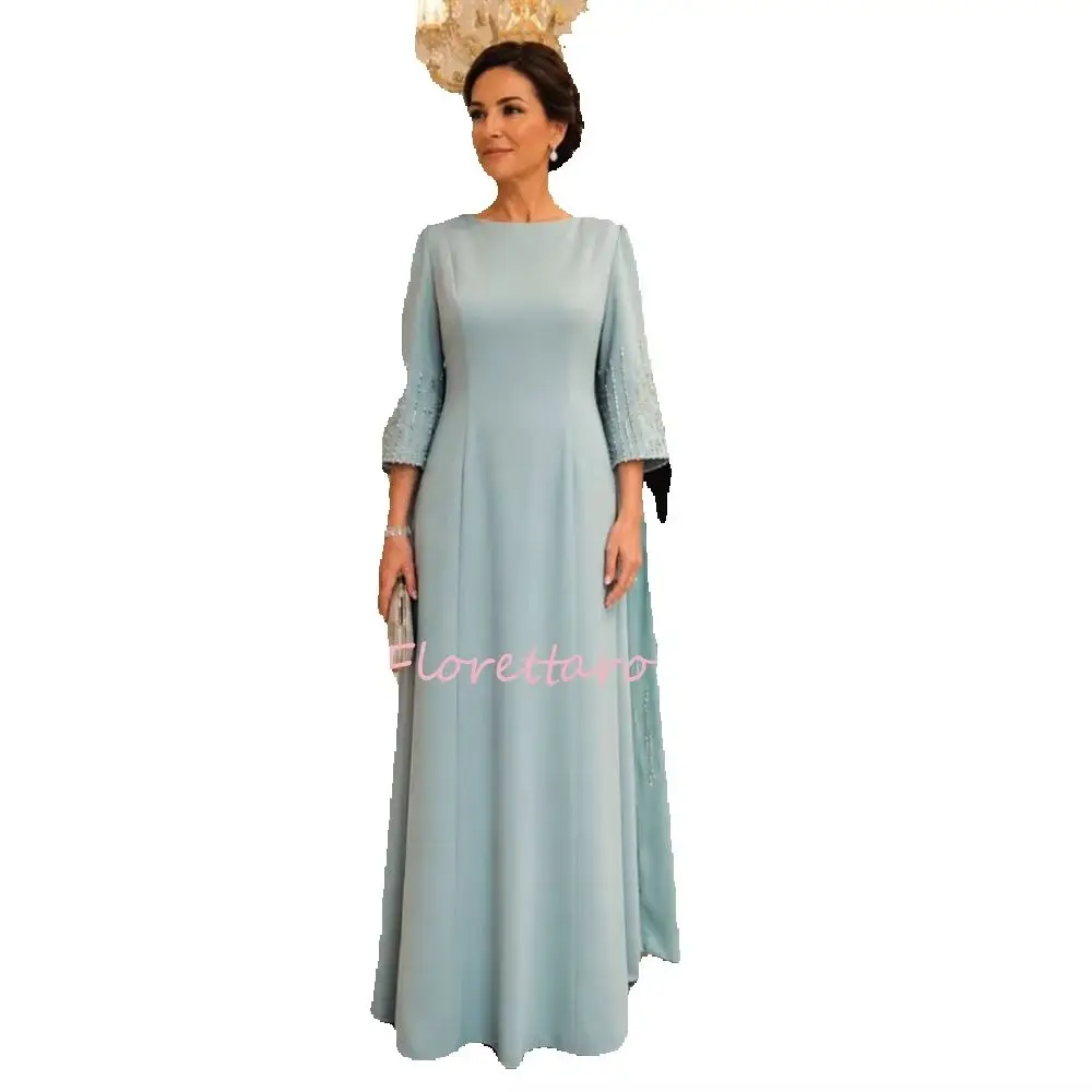 Saudi Arabia Crepe Mother Of The Bride Gown Modest O-Neck 3/4 Sleeve Beaded Sequined Floor Length Formal Wedding Party Dress Cus