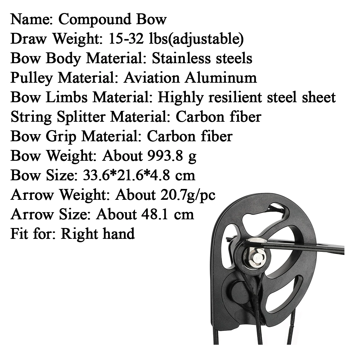 15-32LBS Compound Bow Adjustable 8pcs Arrows Carbon Fiber Handle for Right Hand Bow Hunting Target Shooting Release