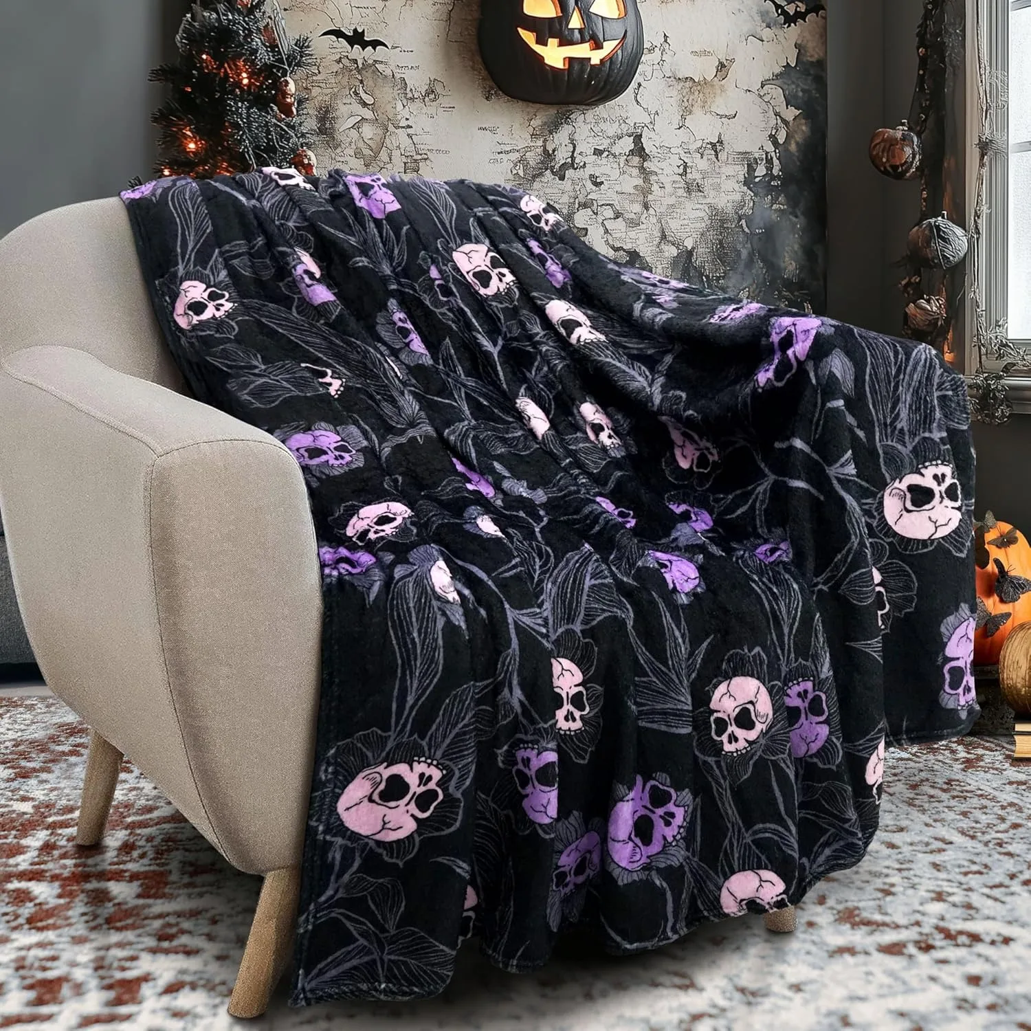 1PC Halloween Theme Throw Blanket Skeleton Skull Flowers arts Thin Blanket Gifts for Couch Bed Car Home Camping all season use
