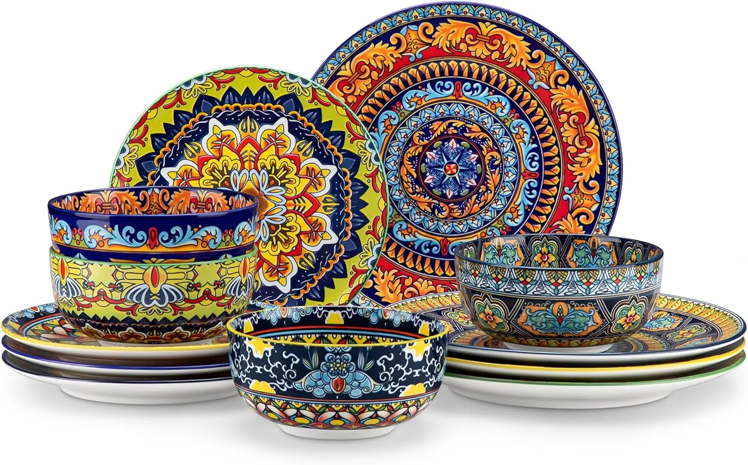 

Plates and Bowls Sets,12-Piece Porcelain Dinnerware Set Service for 4, Bohemian Style Dishes Set for