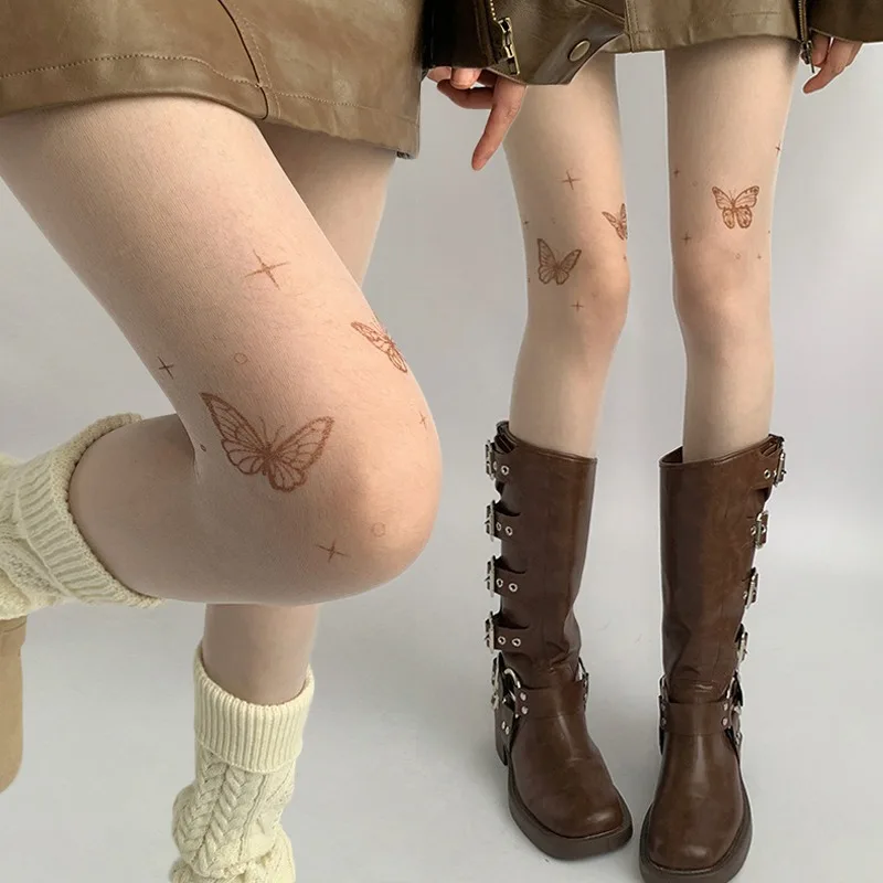 

Spring Summer Thin Butterfly Tattoo Stockings Tights Women Girls Sexy Flesh-colored Pantyhose Female Bottomed Leggings Hosiery