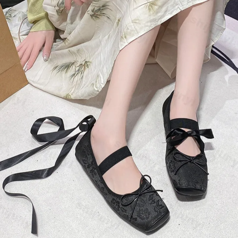 

Woman Ballet Flat Shoes Floral Jacquard Satin Silk Luxury Elegant Square Toe Lace Tie Leg Bowknot Spring Autumn 2025 Retro Shoes