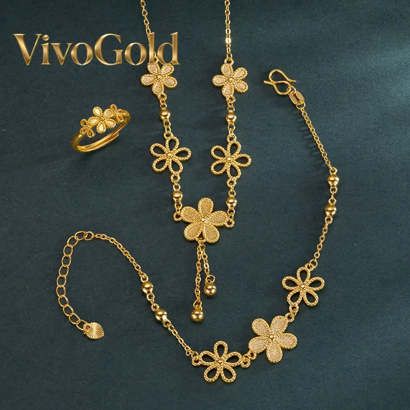 

Комплект из трех предметов VivoGoldPeach Blossom Marriage для женщин: кольцо с цветком из настоящего золота 9999 пробы 24K, ожерелье с подвеской и браслет из твердого золота