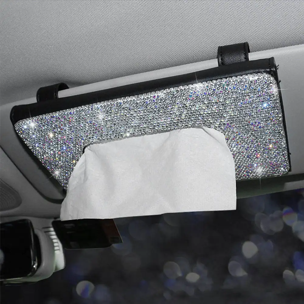 Car Sun Visor Tissue Box Holder Bling Crystals Cover Case Clip PU Leather Backseat Tissue Case Auto Accessories for Women