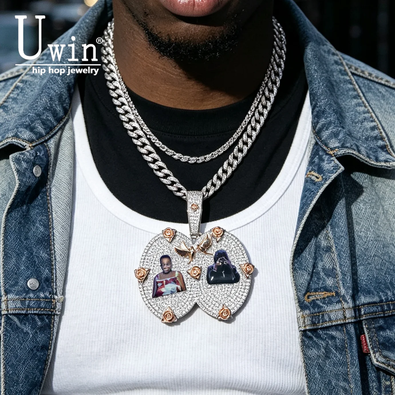 Uwin Custom Double Heart 2 Photos Pendant Necklace Iced Out HipHop Memory Charm with Angel Wings Rose Decor for Men Women