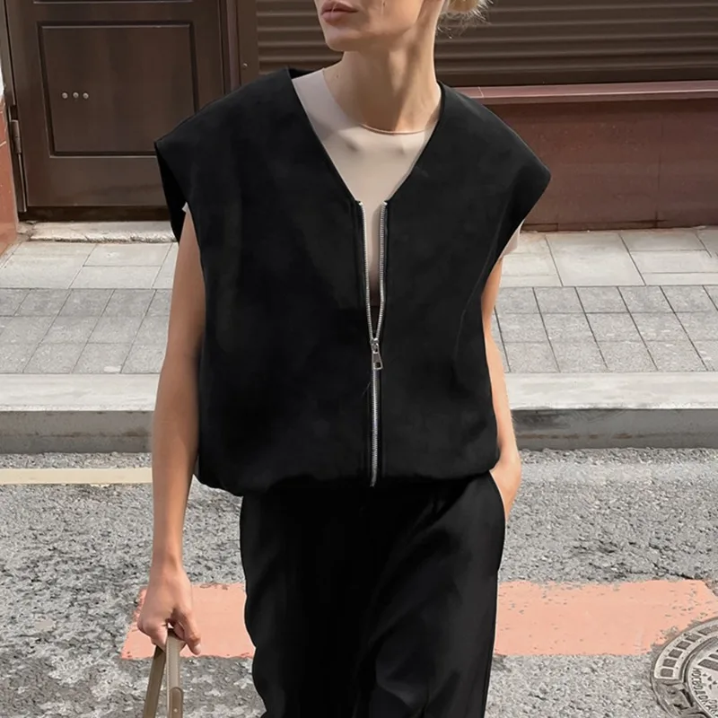 

Talenza Women's Autumn Vest Fashion Vintage Sleeveless Zipper V-Neck Commuter Vest Coats Casual Loose Streetwear Female Outwear