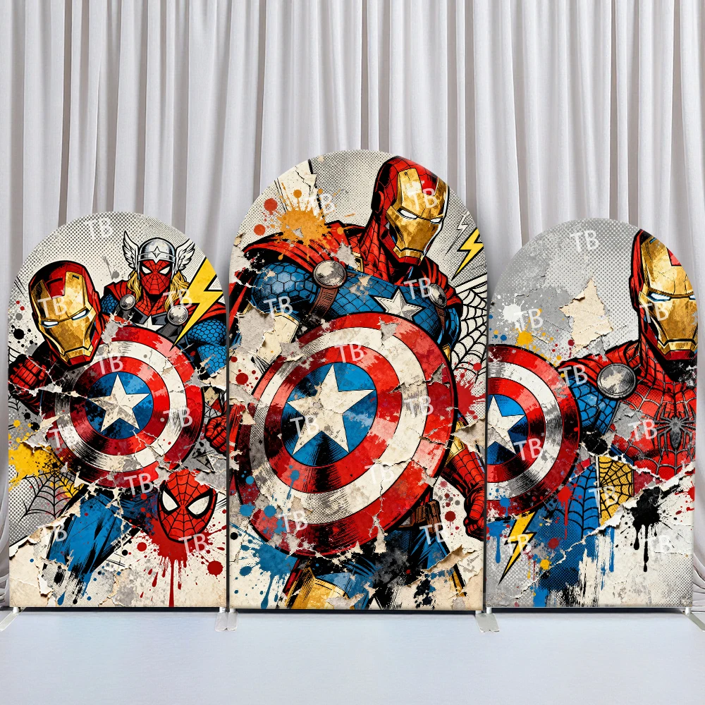 

Marvel Arch Backdrop Cover Captain America Shield Graffiti Comic Style Birthday & Baby Shower Party Photo Booth Decor Props