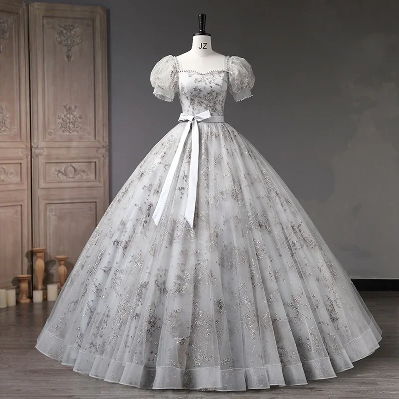 2026 New Women S Summer Banquet Evening Dress Square Collar Princess Sleeves Show Thinning Engagement Big Pendant Puff Dress