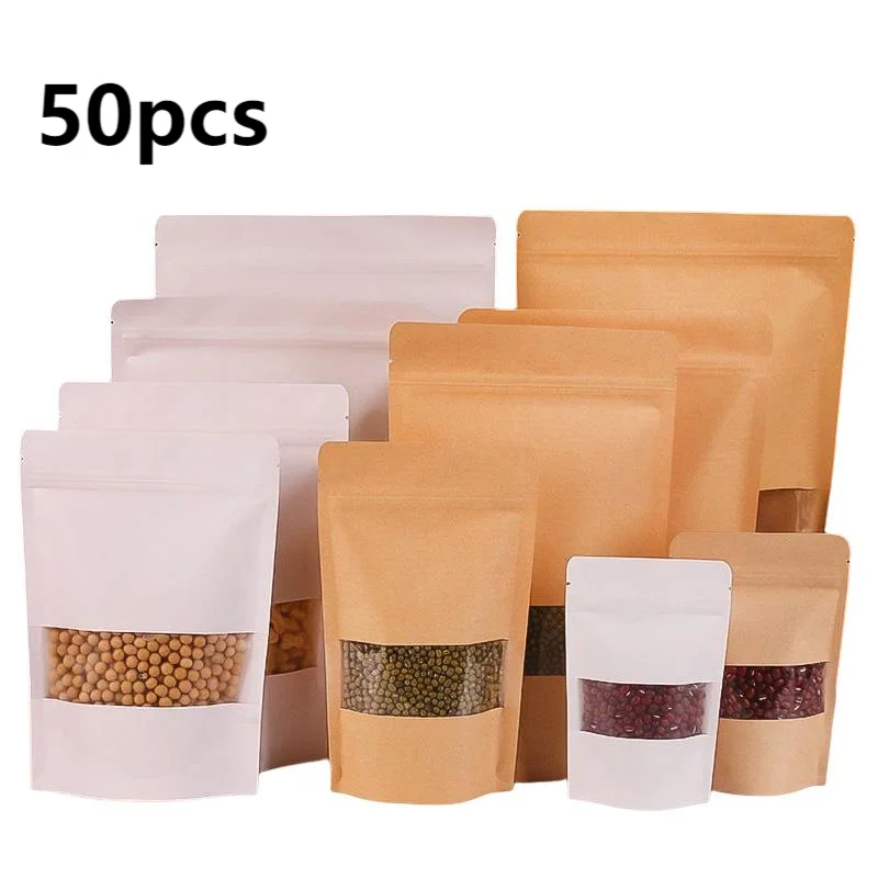 

50pcs Kraft Paper Bags Food Ziplock Bag Candy Tea Nut Moisture Proof Pouch Diy Handmade Cookies Packing Bag Baking Supplies