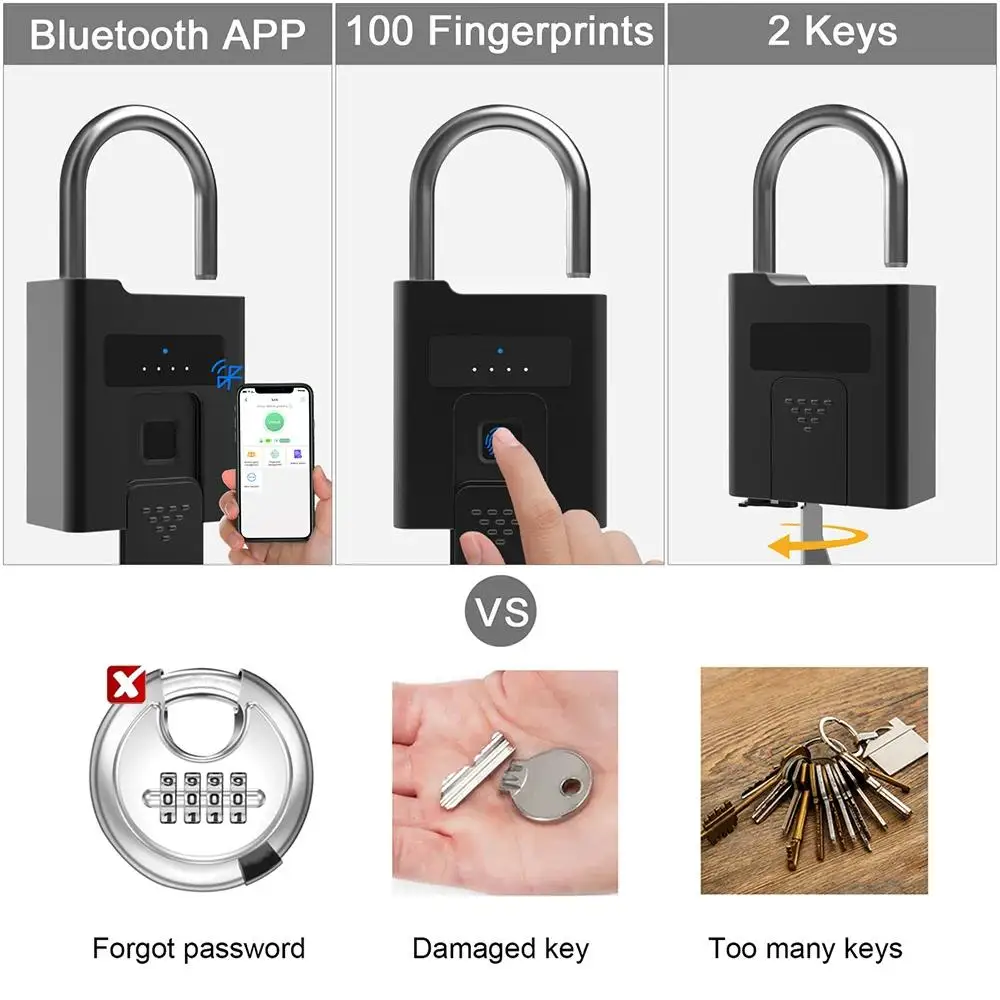 Imagem -03 - Fingerprint Digital Safety Door Lock para Jardim Cadeado Inteligente Impermeável Bluetooth App Heavy Duty Bagagem Caminhão Chave ao ar Livre