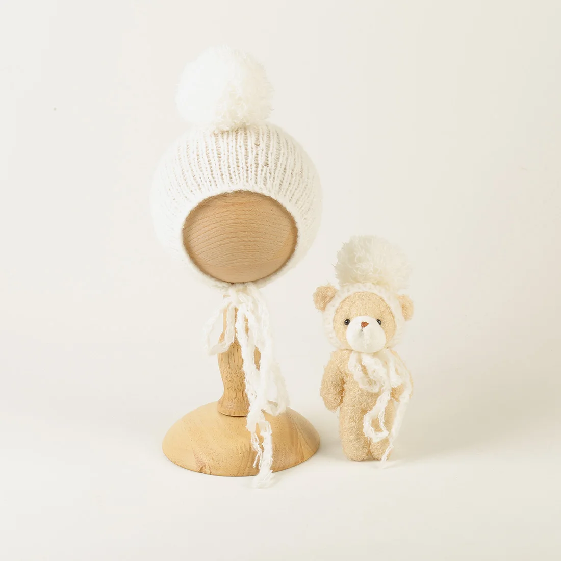 Knitted Newborn Bobble Hat And Bear Toy Wearing A Hat Set Newborn Photography Props Soft Mohair Bonnet And Teddy Bear Doll