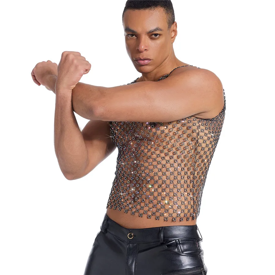 2026 الرجال الصيف الجوف خارج شبكة تانك القمم حجر الراين أكمام تي شيرت مثير الاتجاه سليم سترة تنفس الرجال العضلات تيز