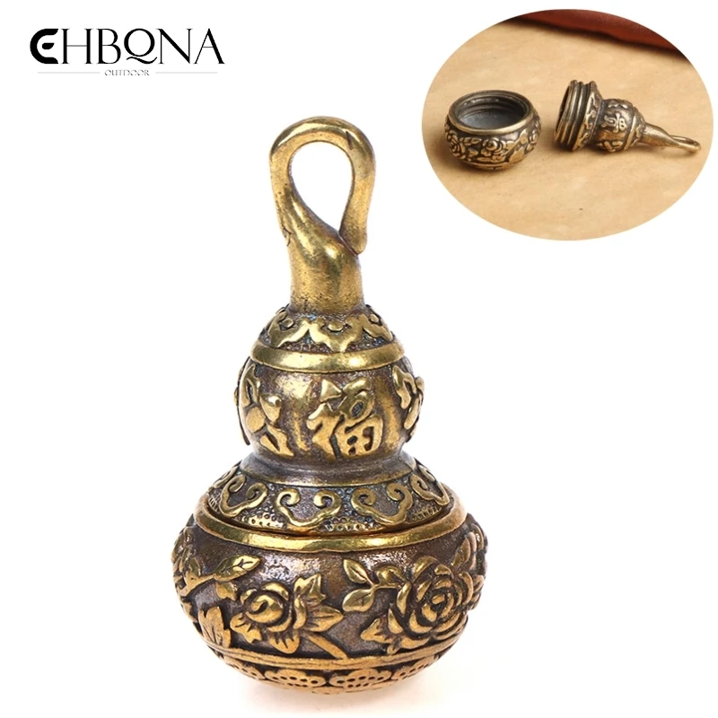 1PC Feng Shui Brass Chinese Letters Blessing Lotus Gourd Charms Key Chain Pendants Pill Box Home Storage Box Lucky Wealth Gift