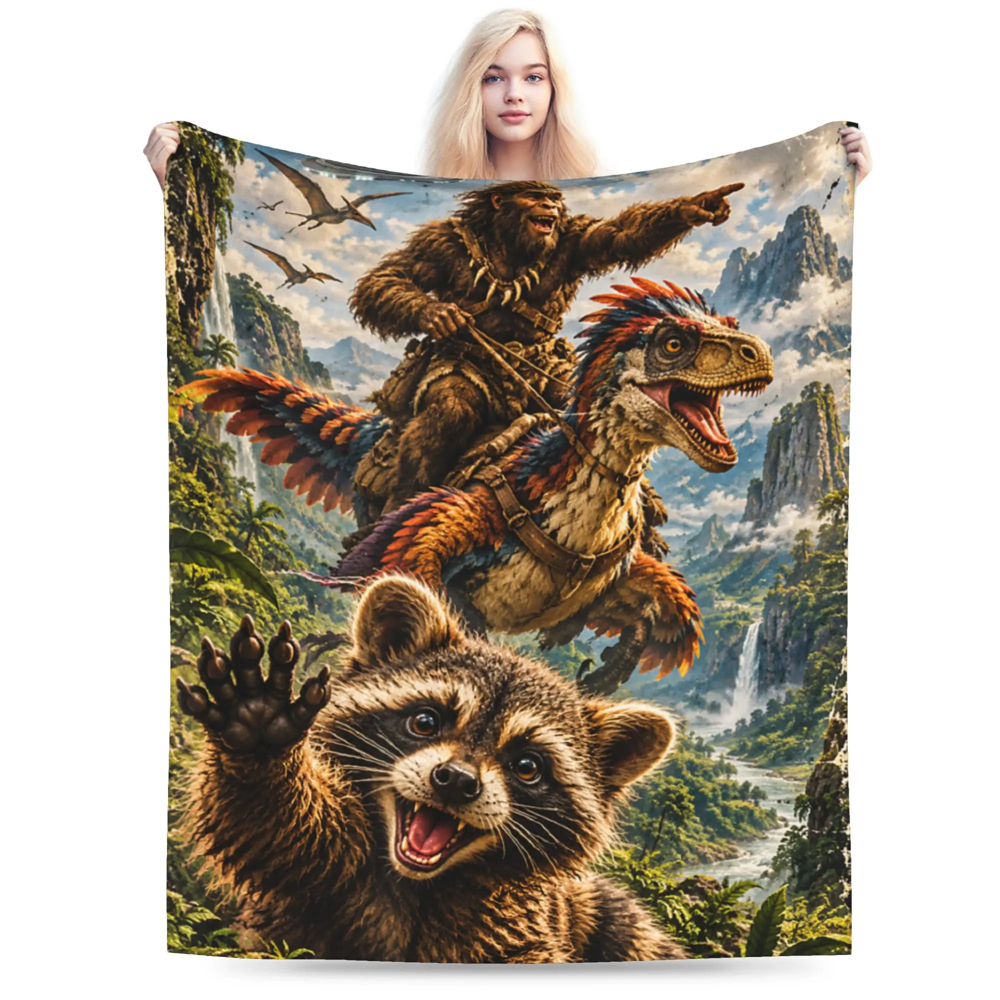 Funny Bigfoot Ride Dinosaur Raccoon Blanket Cozy Soft  Throw Blankets for Couch 50x60 Inch Multiple Sizes Rug Piece