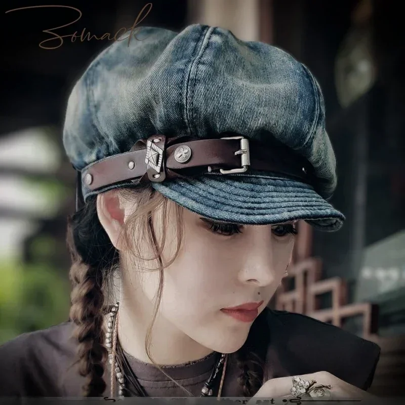 

Handwoven Cowhide Buckle Women's Retro Beret Newsboy Cap Artistic All-Matching Octagonal Hat Japanese Men's Fashion Hat