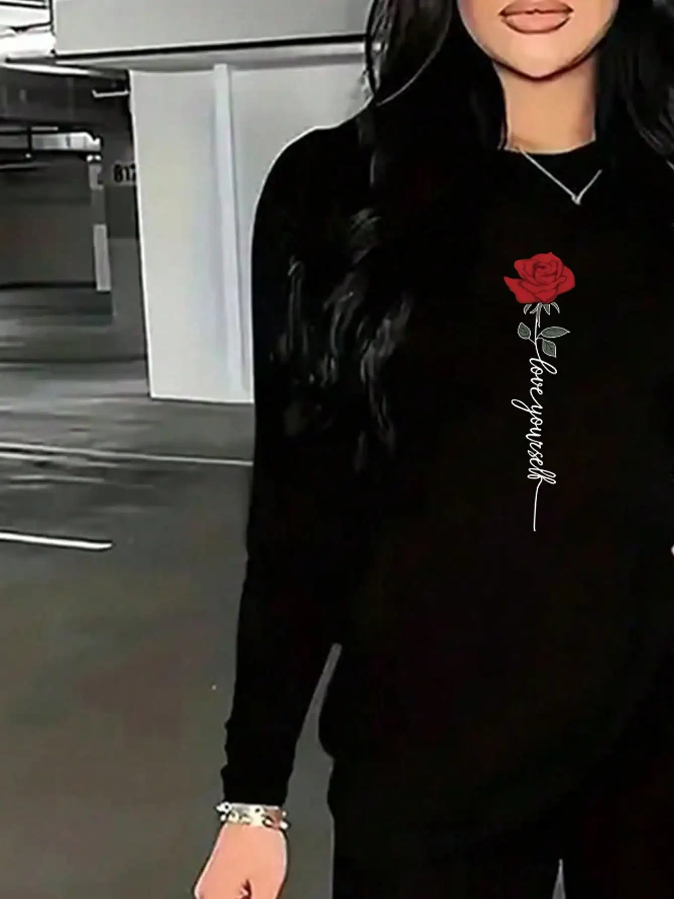 2026 Women's Casual Elegant Rose Printed Two Piece Solid Color Round Neck Long Sleeve T-shirt and Solid Color Printed Pants Set