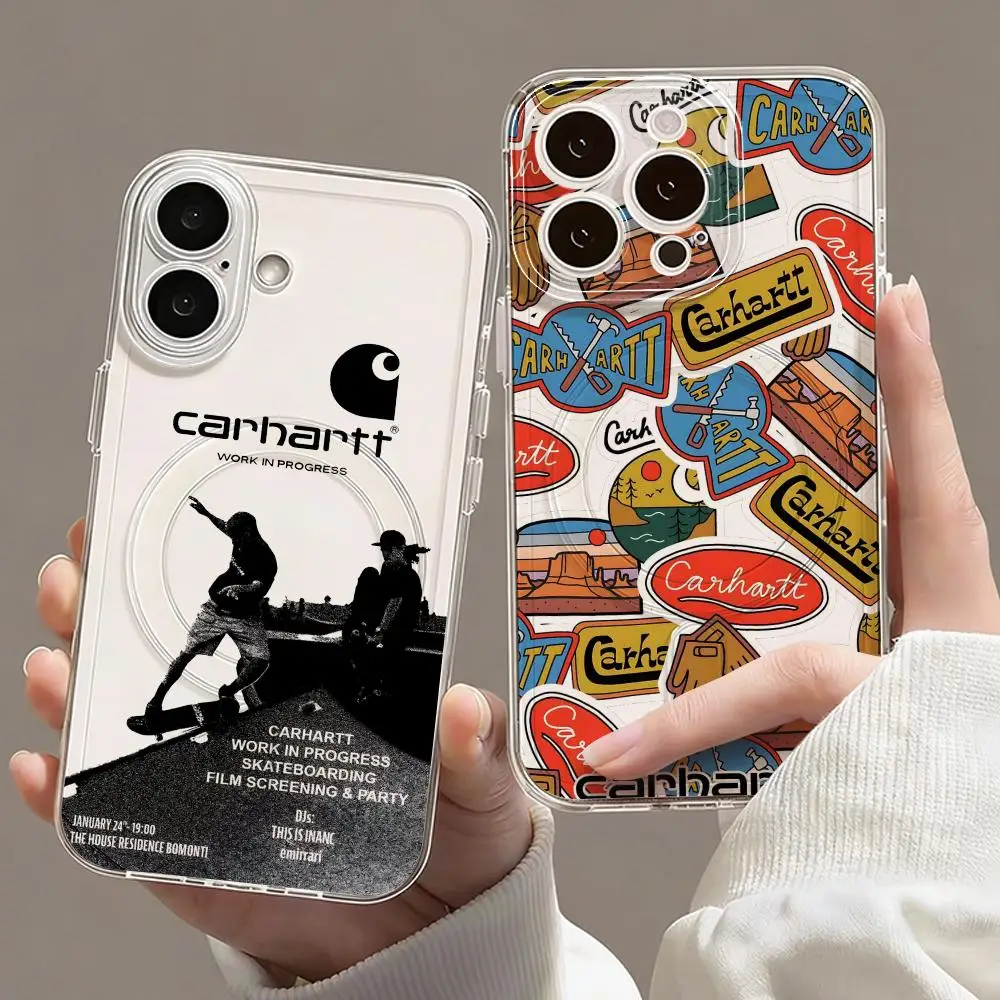Funda Magnética Transparente con Logotipo C-Carhartt para iPhone 17 16 15 14 13 12 Pro Max Plus, Delgada y con Carga Inalámbrica