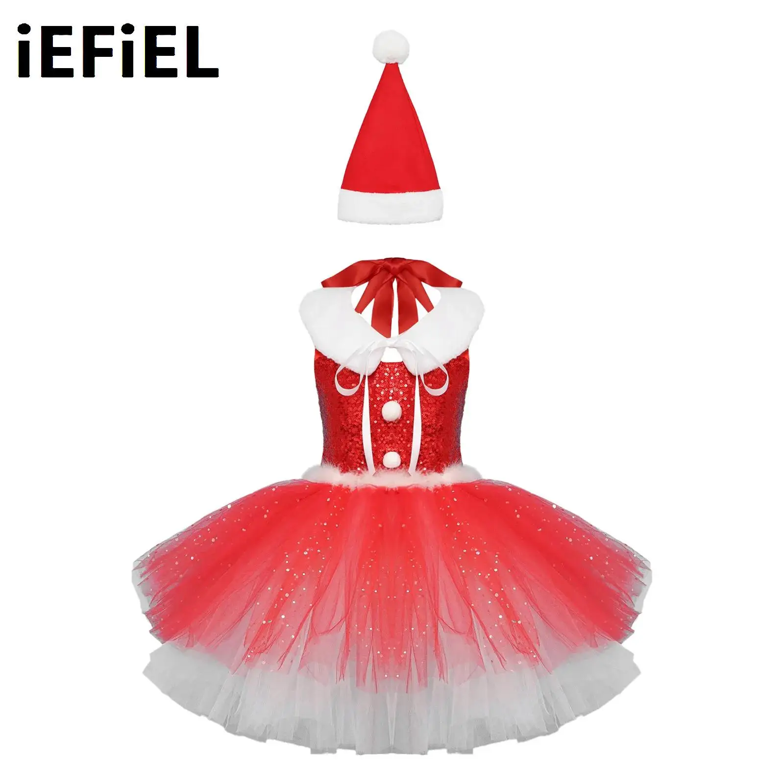 

Baby Girls Christmas Tutu Dress Set Hanging Neck Sequins Costume with Santa Hat And Flannel Fake Collar Festival Party Costume