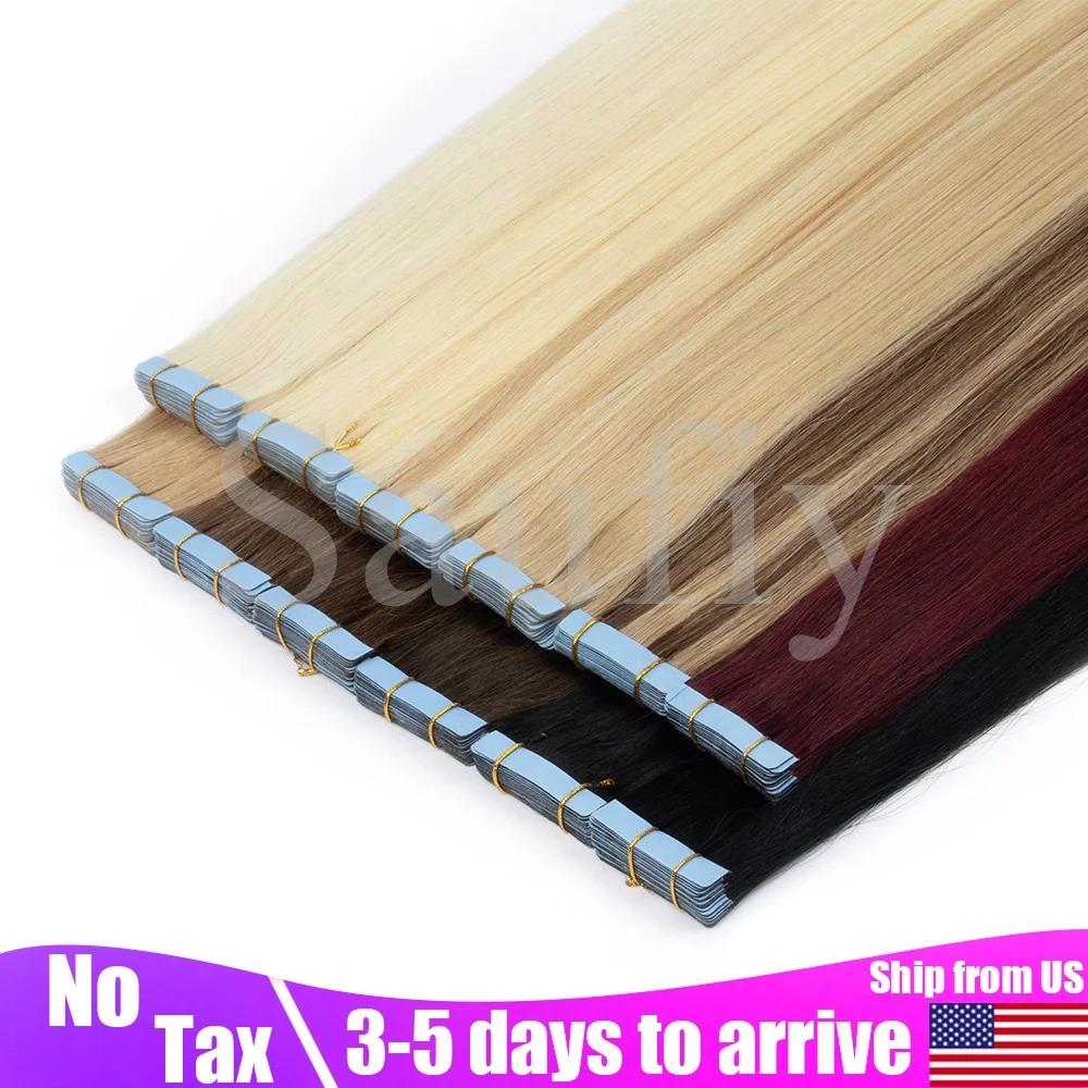 

20pcs Tape In Hair Extensions Human Hair Straight Natural Blonde Brown Hair seamless Double Side Skin Weft