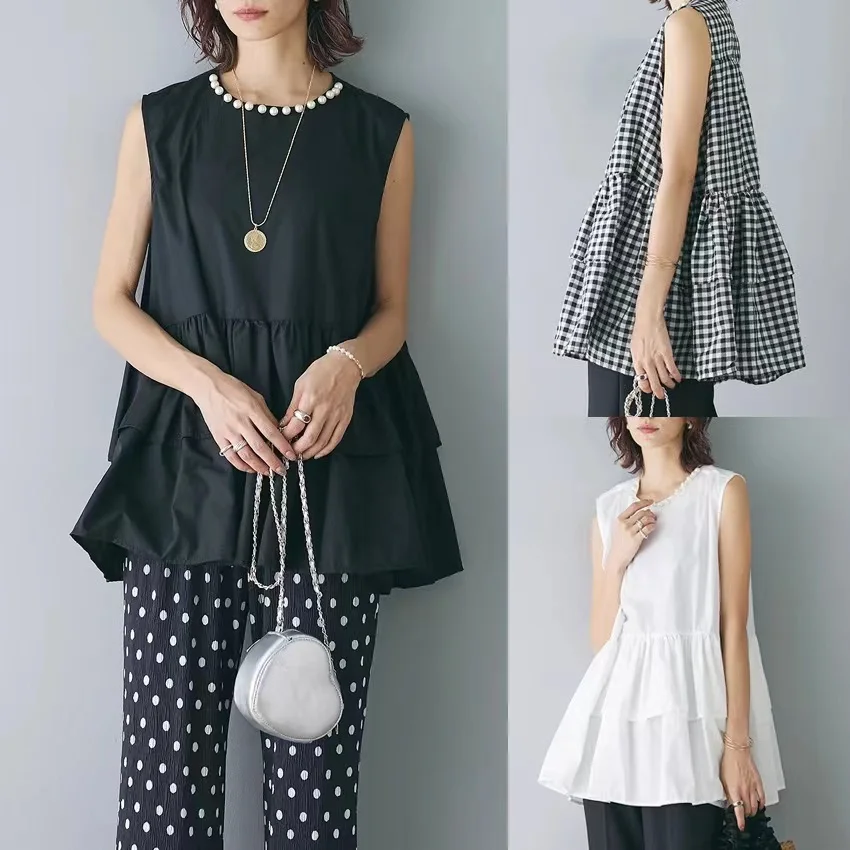 

2024 Summer Japanese Pearls Beading Women Shirts & Blouses Ruffles Casual Loose Sleeveless A-Line Black White Tops Femme Blusas