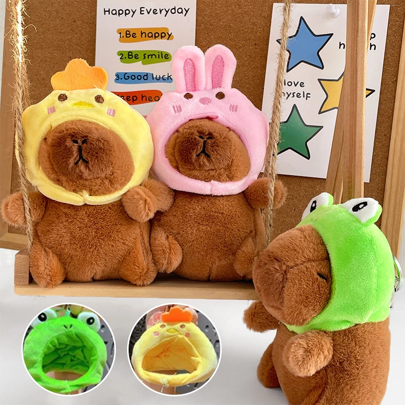 Cartoon Removable Strawberry Frog Hat Capybara Doll Keychains Women Cute Plush Car Keyring Creative Backpack Pendant Gifts