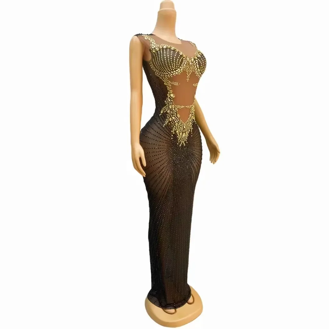 Evening Birthday Celebrate Party Dance Performance Sexy Photoshoot Dress Shining Gold Black Stones Transparent Sleeveless Dress