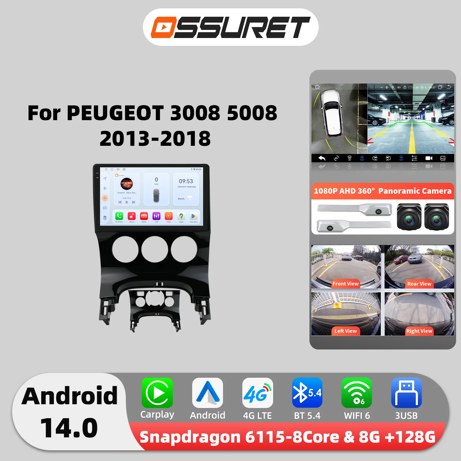 Autoradio 9 "2din Carplay Android 14 pour PEUGEOT 3008 5008 2013-2018 multimédia 6115 8 cœurs Autoradio GPS stéréo 360 écran de caméra