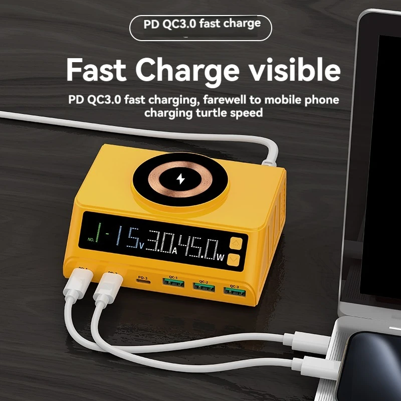 Multi-function magnetic wireless fast charger, 6 ports (3usb port 3pd port) Fast charging with digital display, for tablets