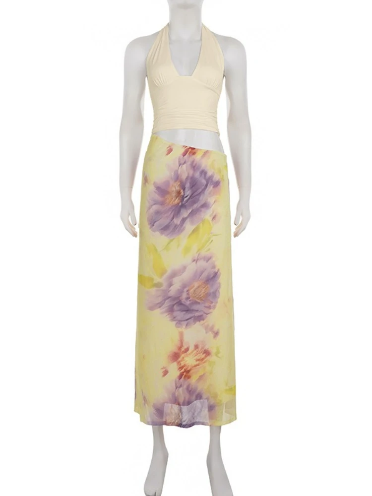 여름 플로럴 프린트 패치워크 홀터 맥시 드레스 섹시한 딥 V 프론트 슬리브리스 백리스 컷아웃 슬림 비치 휴가 드레스