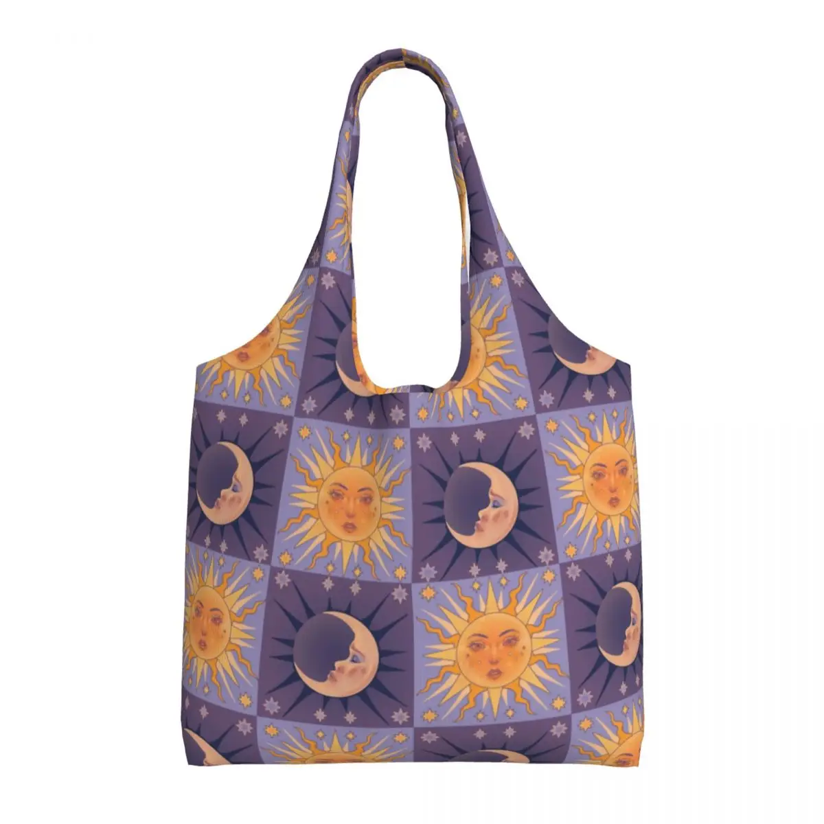 Custom Reusable Sun And Moon Print Shopping Bag Women Canvas Shoulder Tote Bag Washable Grocery Shopper Bags