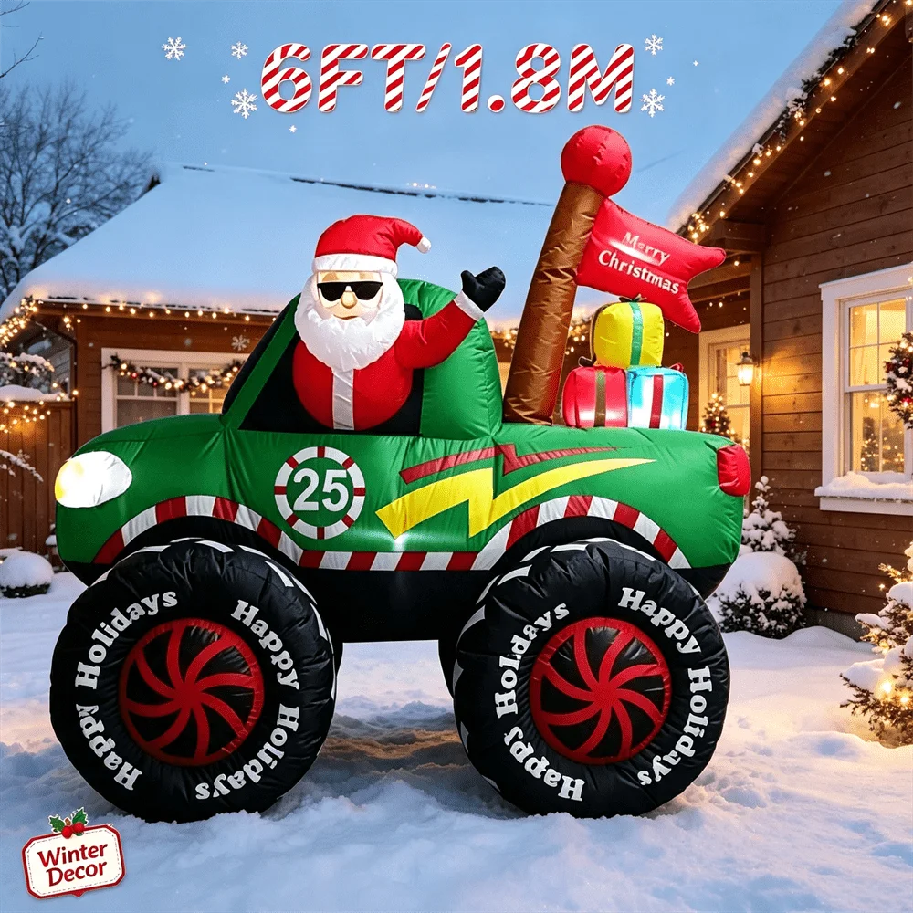 6FT Christmas Inflatable Santa Claus Truck Built in LED Lights Outdoor Yard Lawn Xmas Decorations Merry Christmas Gifts