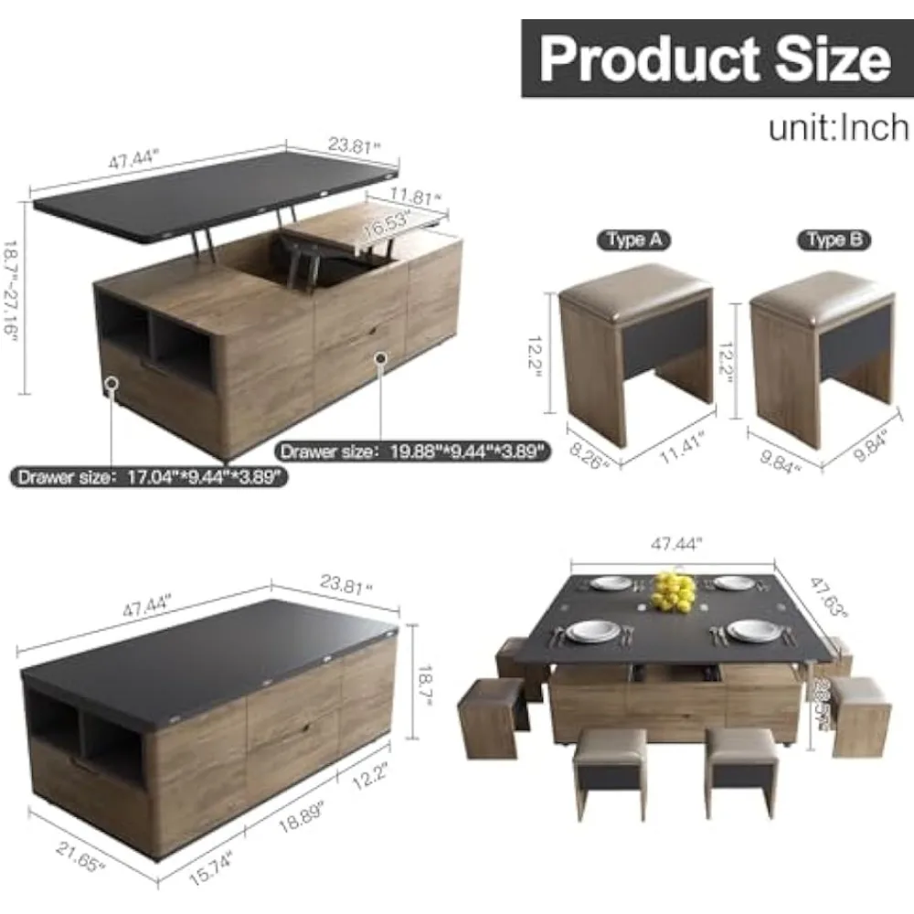 Mesas de centro elevables con 4 taburetes, mesas centrales 3 en 1, mesa de comedor plegable que ahorra espacio