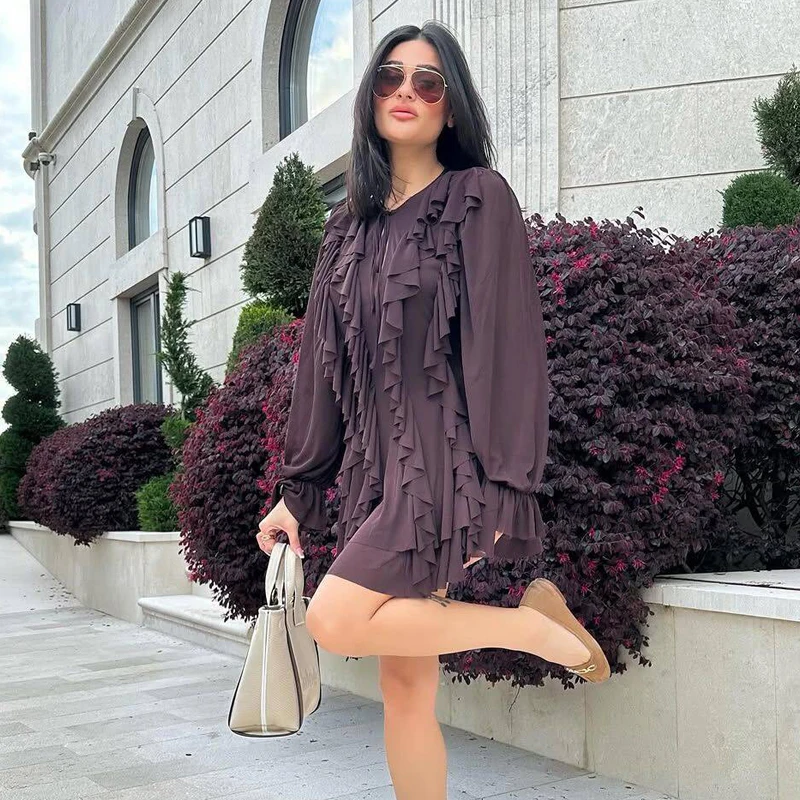 MUJER Mini abito plissettato con volant Donna Abiti da festa in tulle per donna Abiti corti semi trasparenti da donna Abito estivo da fata Donna 2025