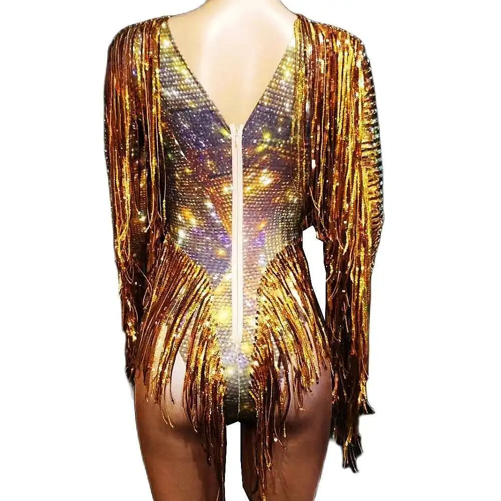 Shining Gold Women Crystal Fringe Jumpsuits Nightclub Singer Performance Long Sleeve Bodysuits Evening Prom Celebrate Costume