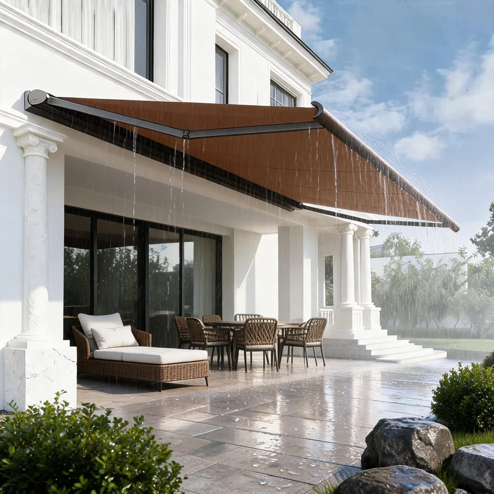 Custom Logo Retractable Awning Motorized 6m Large Size Luxury Aluminum PVC Waterproof Rain Shade for Hotel Poolside Bar Patio