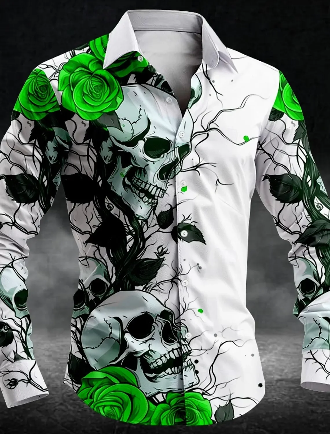 Camisa con botones para hombre, informal, oscura, con calavera rosa, manga larga, para fiesta, noche, camisa diaria, cuello, botón