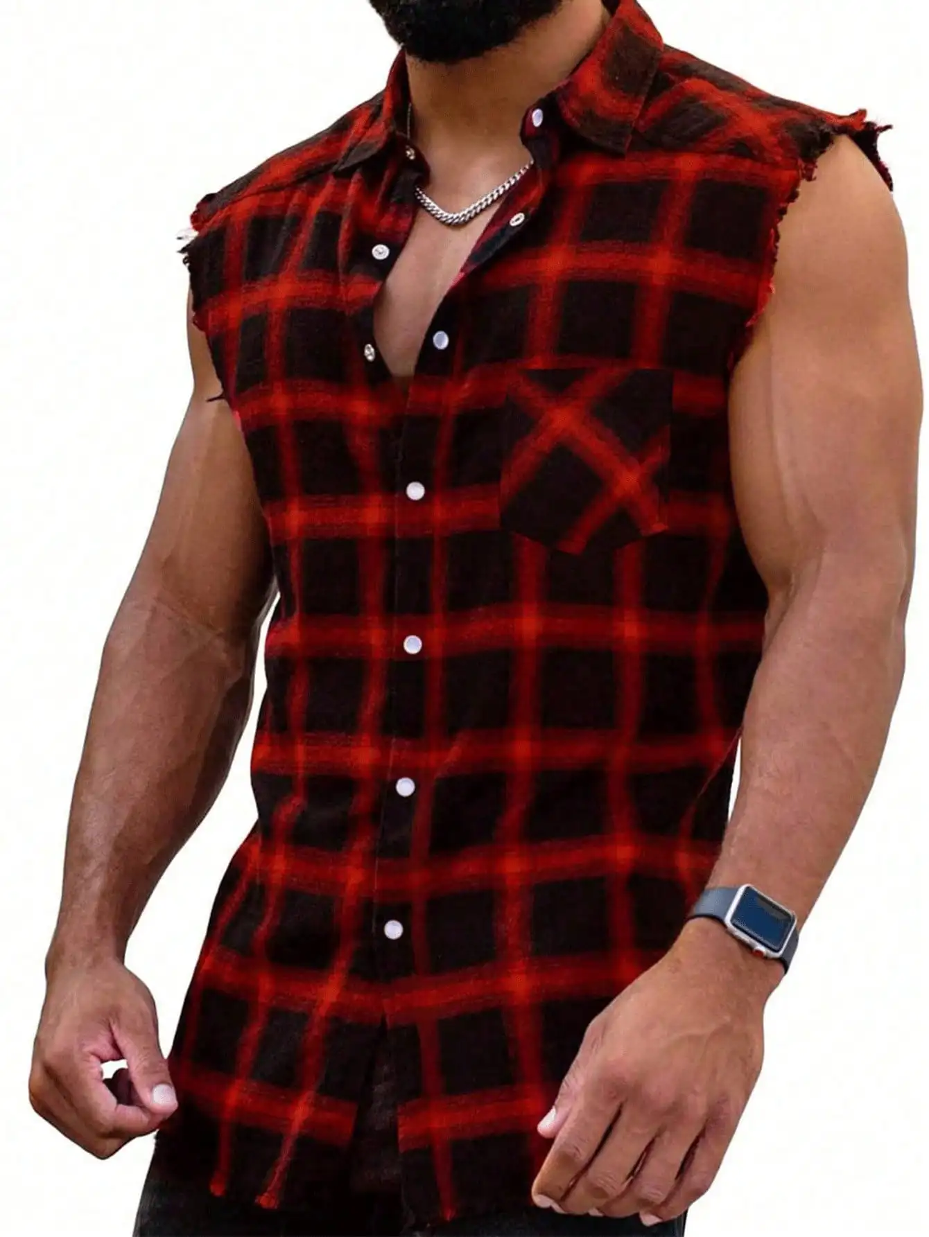 

Men's Sleeveless Red Black Plaid Shirt with Distressed Hem and Chest Pocket