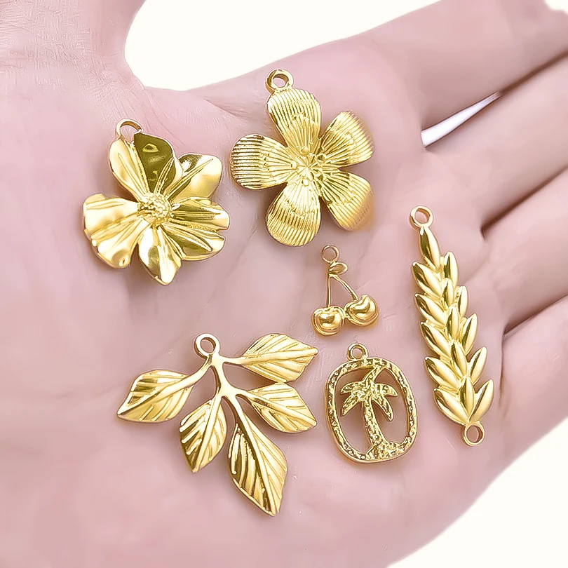 Elegant Plant Charm 5pcs Stainless Steel Pendants For Jewelry Making Supplies Flower Ginkgo Leaves Tree Of Life Charms Breloques