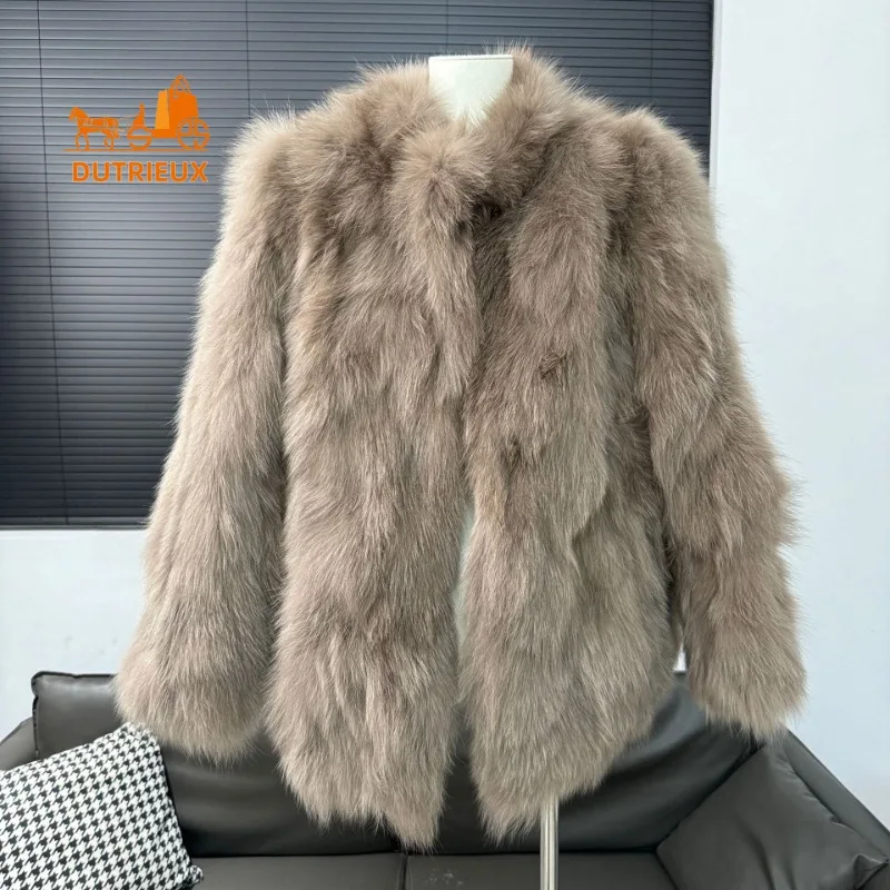 겨울 여성용 중간 길이 정품 여우털 코트, 100% 진짜 여우털, 오피스 파티 스키 패션 따뜻한 털 칼라 여성용 털 재킷