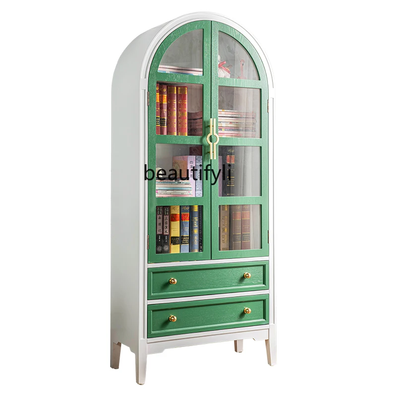 American Green Storage Bookshelf Arch Lockers with Glass Door French Pastoral Style Hand-Made Display Cabinet