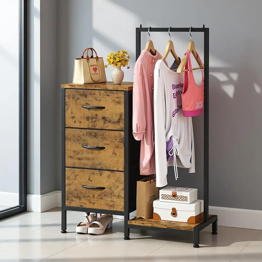 

Rustic Brown Hanging Rack for Bedroom, 3-Drawer Storage Solution