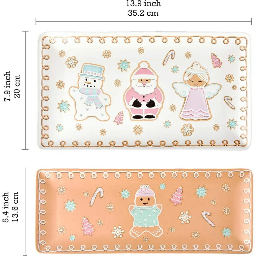 Pastel Gingerbread Man Ceramic 14 Inch Rectangular Serving Platter Set of 2 for Serving Salad Pasta Cheese Ham Appetizer Microw