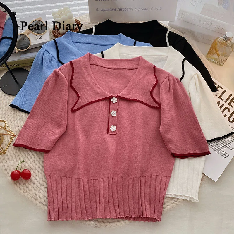 Pearl Diary Women Knitting Tops Fashion Flower Button Chic Turn-Down Collar T-Shirt Hem Whorl Cute Short Sleeves Top Women