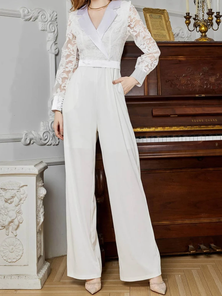 New In Jumpsuit Women Early Autumn Elegant Temperament Belt Long Sleeve Lace Wide Leg Pants White Jumpsuits for Women Trousers