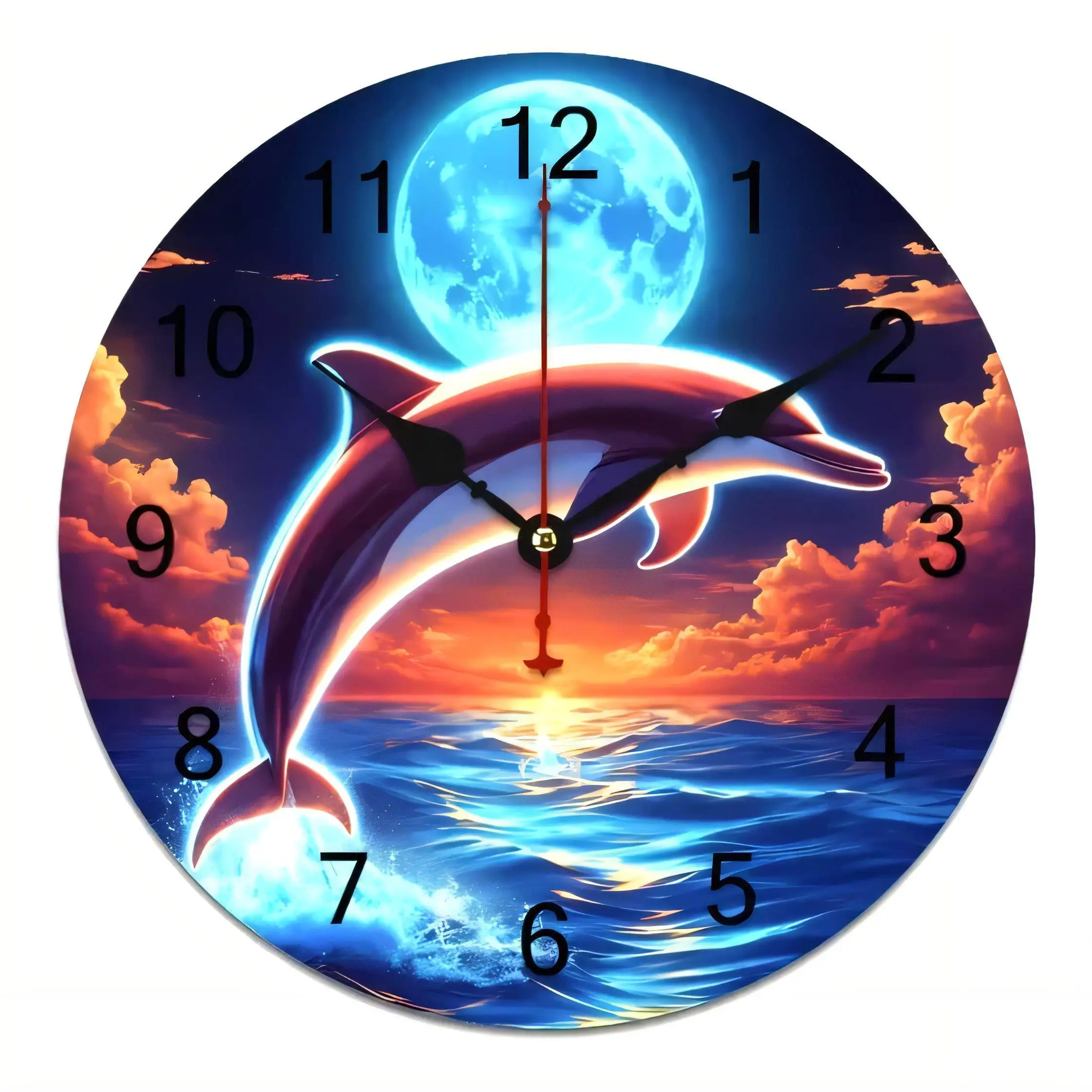Neon Dolphin Sunset Moon Wall Clock  Silent Battery Operated Vintage Art Decor for Living Room Bedroom Kitchen
