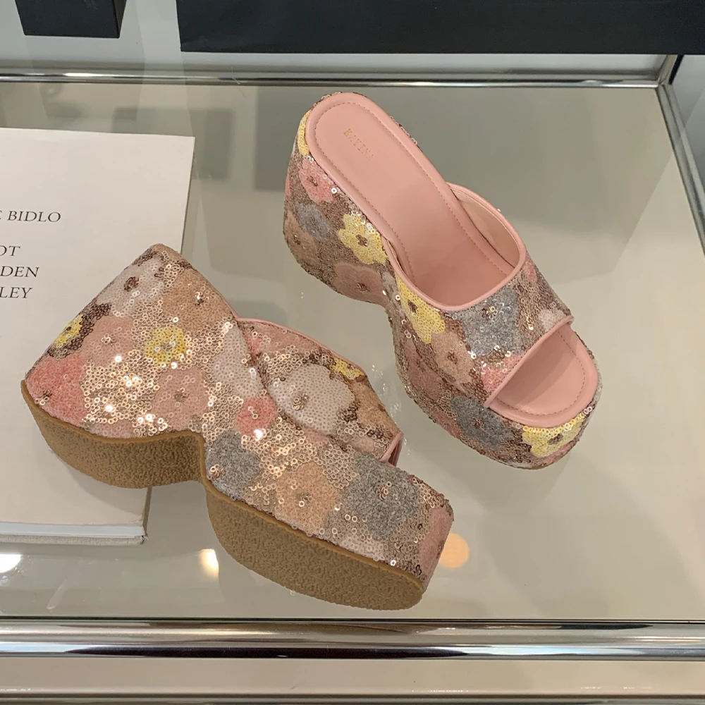 Women Super High Heel Slippers Platform Flower Sequin Shiny Wedge Non-Slip Comfortable Round Open Toe Slides Sandal Summer Mules