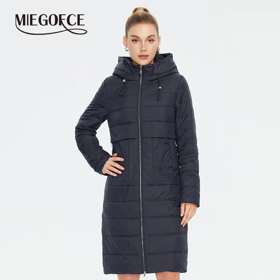 MIEGOFCE 2025, новинка весны и осени, женское длинное пальто, стеганая женская однотонная куртка с длинными рукавами, ветрозащитная парка с капюшоном C23609