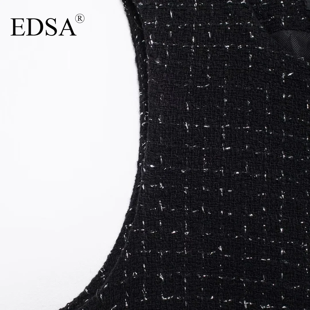 EDSA Women Textured Cropped Waistcoat Round Neck Sleeveless Metallic Thread Front Embossed Gold Button Vest Outerwear