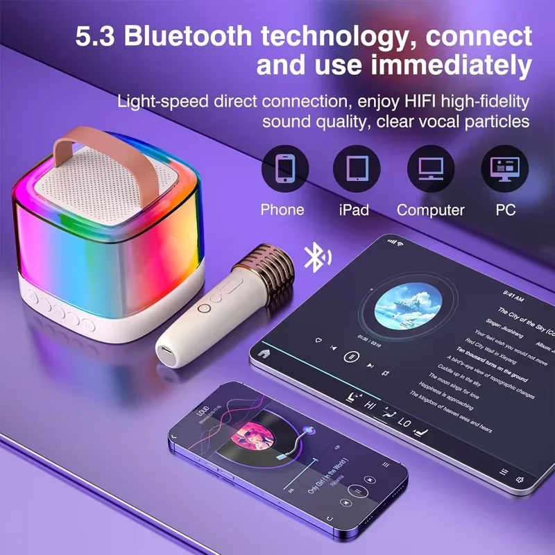 Karaoke Machine Portable Bluetooth 5.1 Speaker with 2 Wireless Mics and LED Color Lights The for Car Home KTV Children Gifts