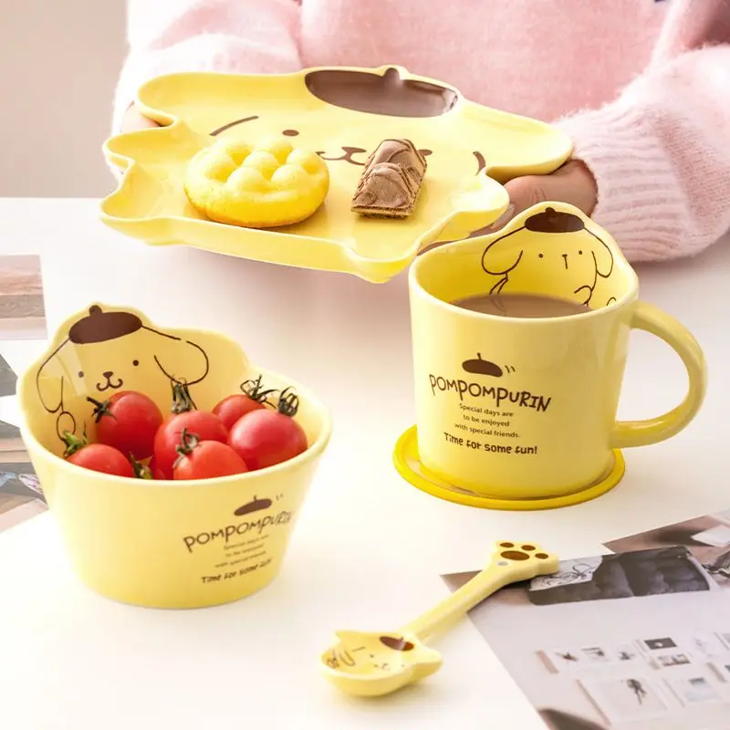 Sanrio Four Piece Tableware Set Anime Pompom Purins Ceramic Dishes Cup Spoon Child Tableware Creative Personality Kitchen